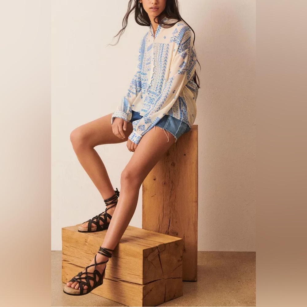 ba&sh Cream Blouse with Blue Floral Print - Picture 8 of 16